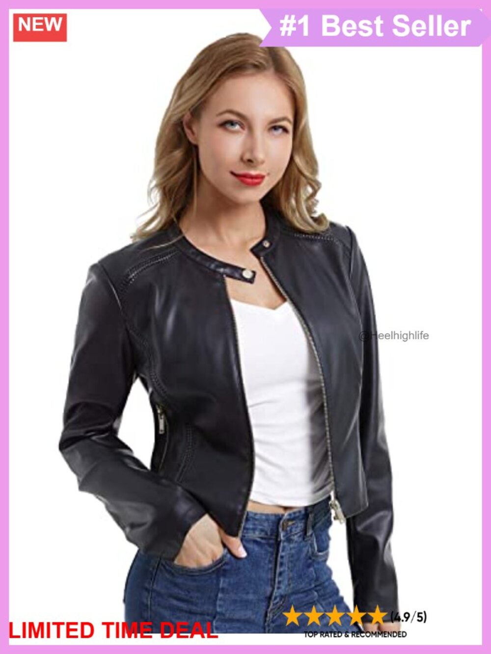 Faux Leather Cropped Moto Biker Jacket Slim Fit Women's Outerwear